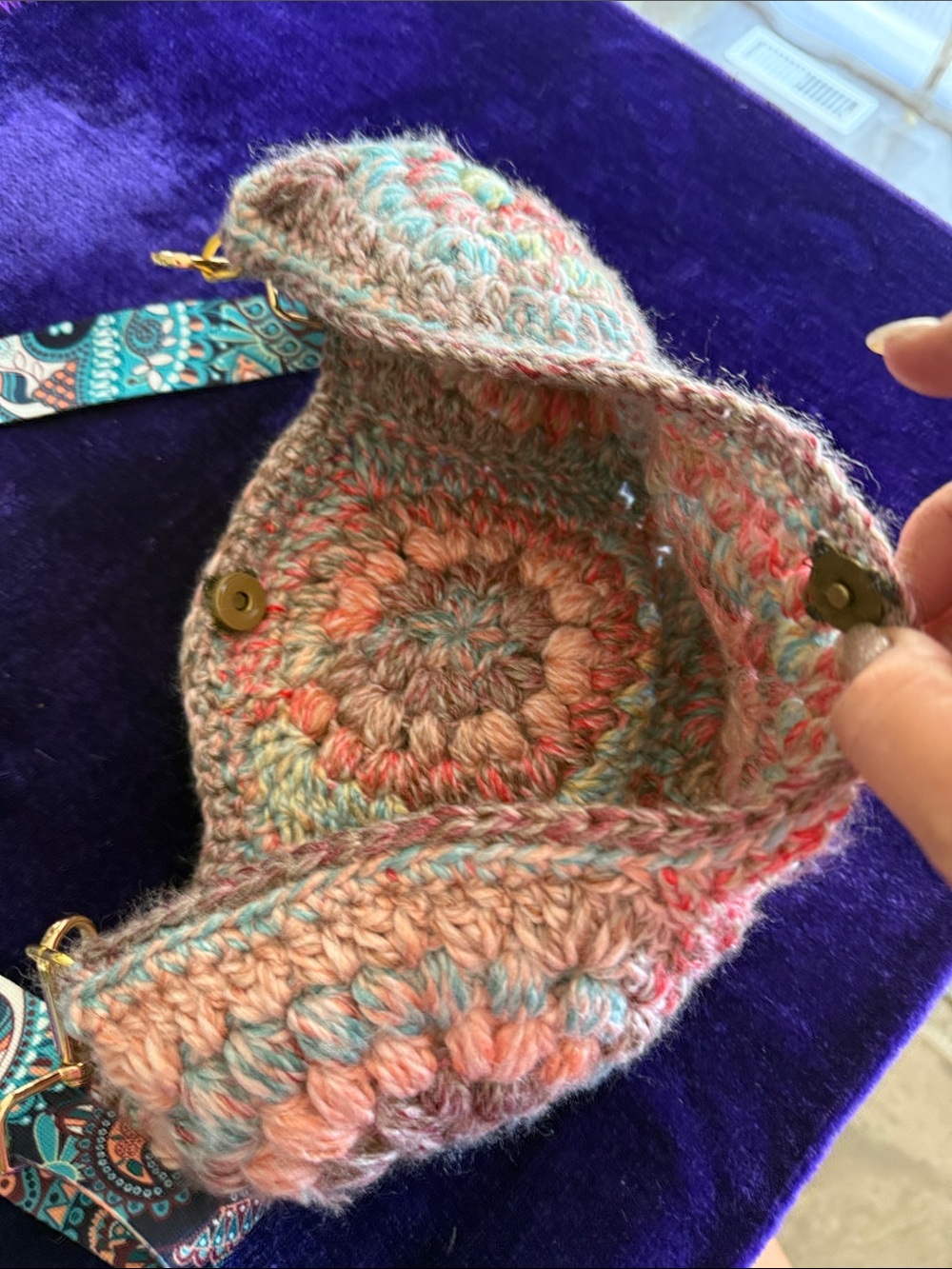 Handmade Multicolor Crochet Crossbody Bag with Patterned paisley Strap - Picture 3 of 8
